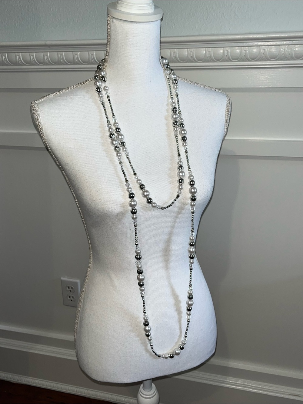 Silver and White Beaded Long Flapper Necklace - Women Jewelry
